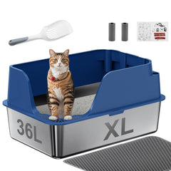 Ellenpent boîtes litière inox antiadhésive bleu, facile à nettoyer et durable.