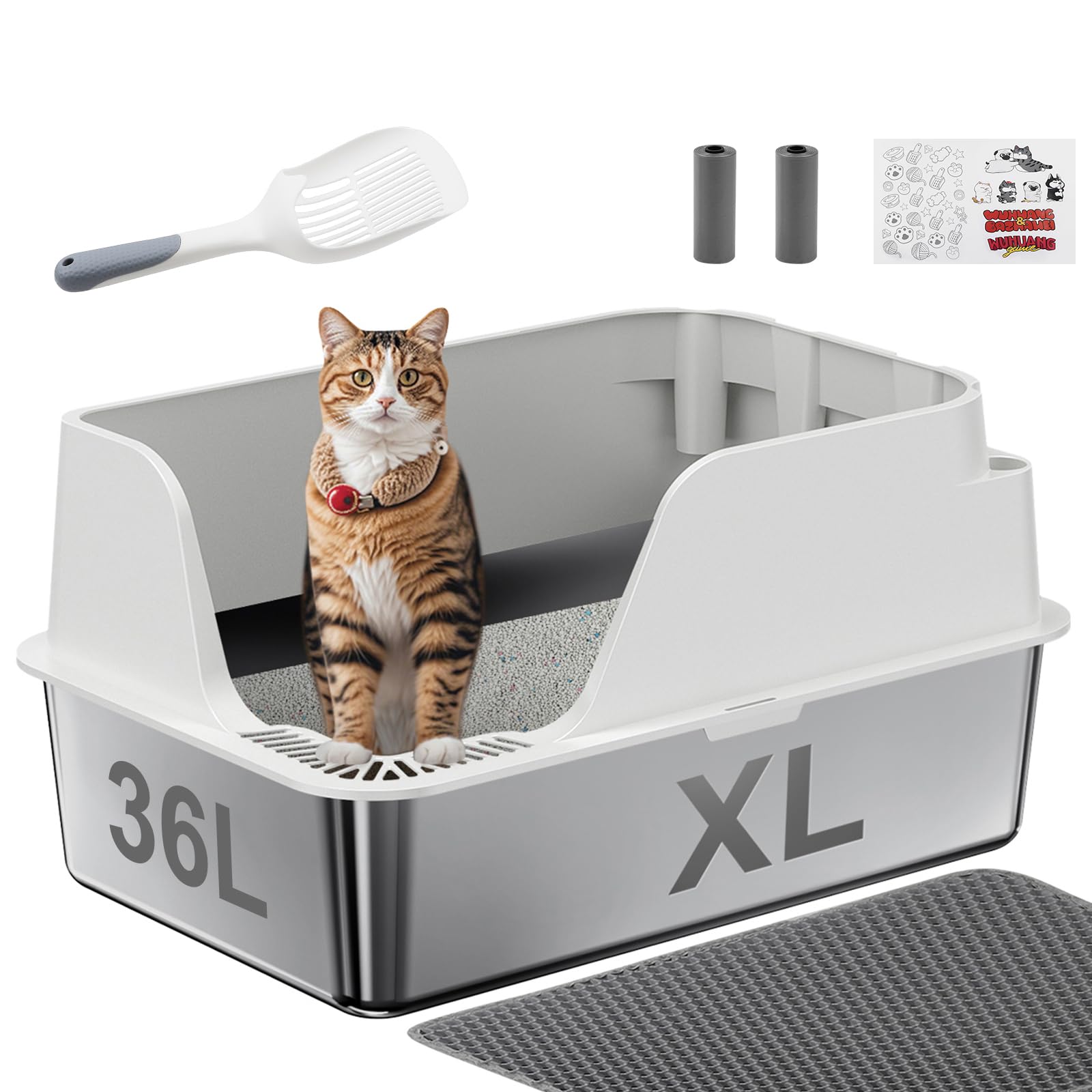 Ellenpent litiere inox XL avec ouverture laterale, pratique pour chats et nettoyage.