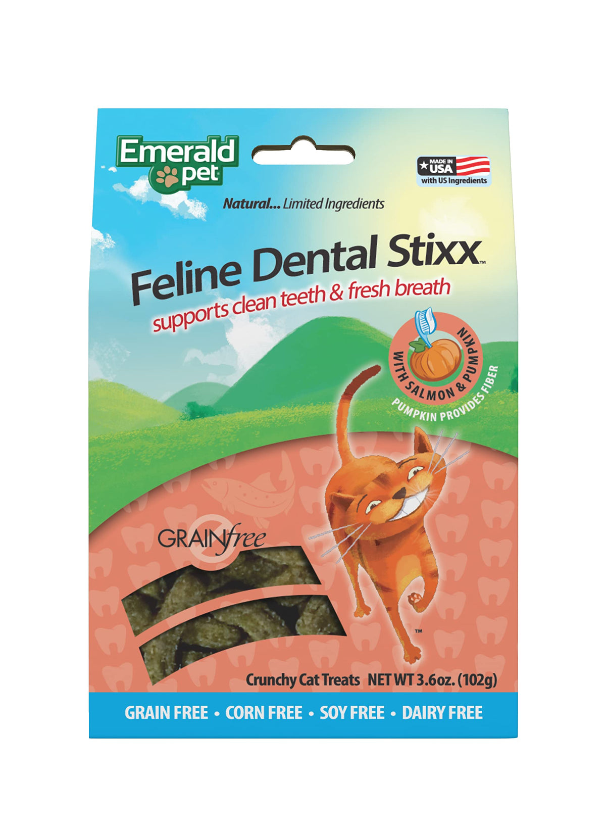 Emerald Pet Feline Dental Stixx saumon-potiron, friandise dentaire et haleine fraîche.