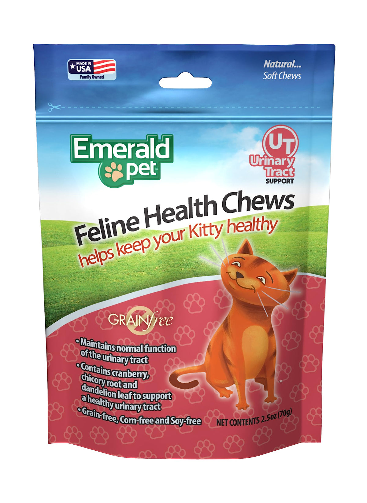 Emerald Pet Feline Health Chews UT Support sur bouteille, friandises molles pour soutenir l’urinaire du chat.