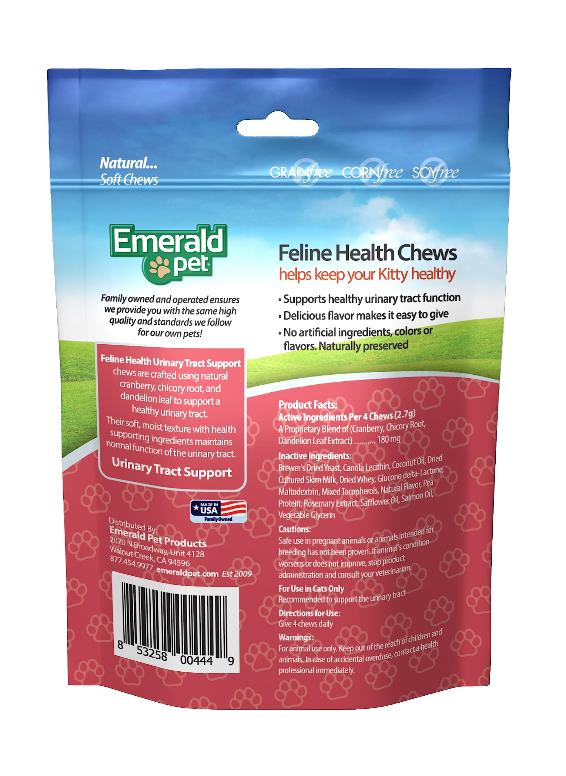 Emerald Pet Feline Health Chews UT Support sur emballage, récompense appétente et pratique.