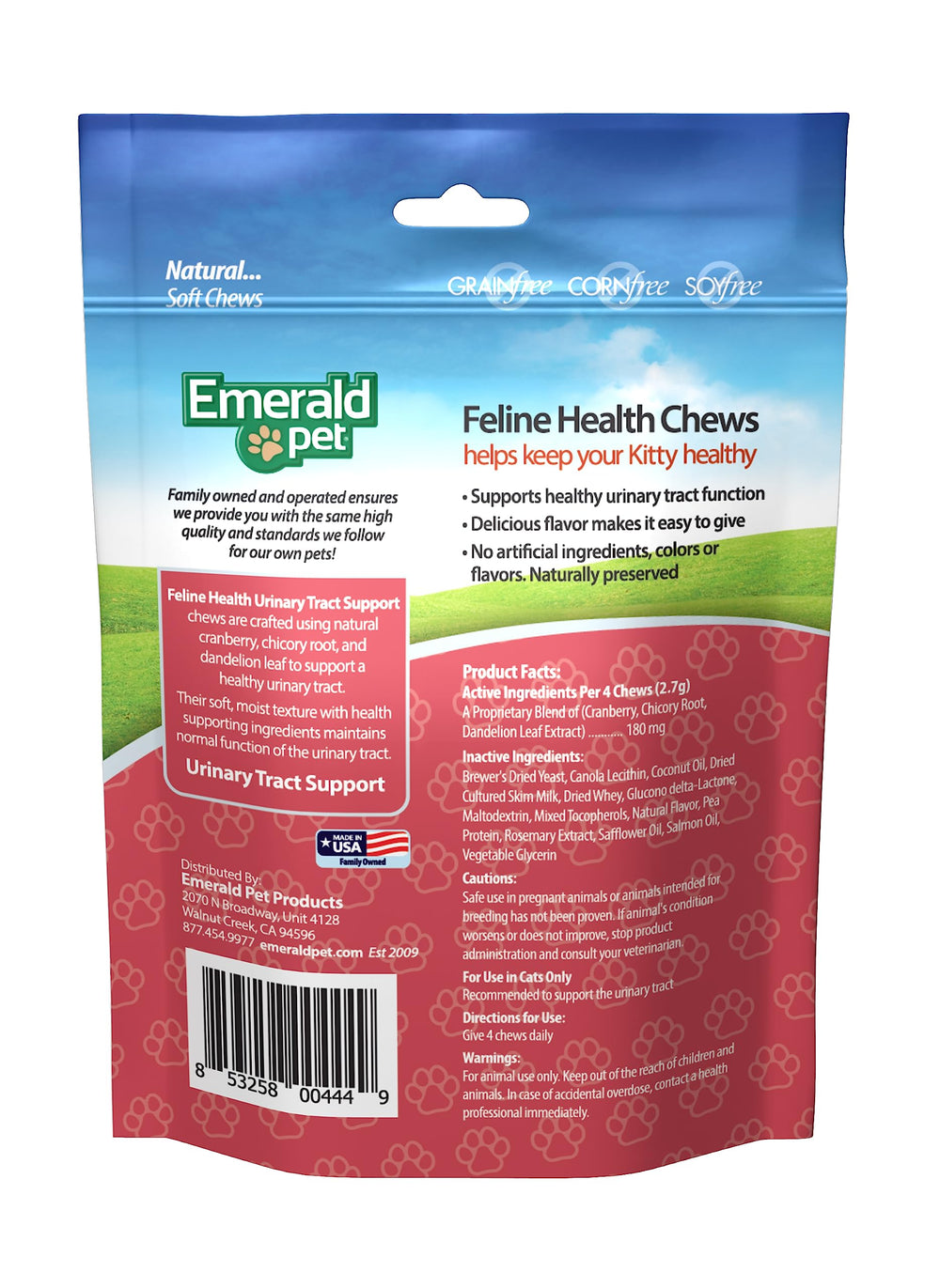 Emerald Pet Feline Health Chews UT Support sur emballage, récompense appétente et pratique.