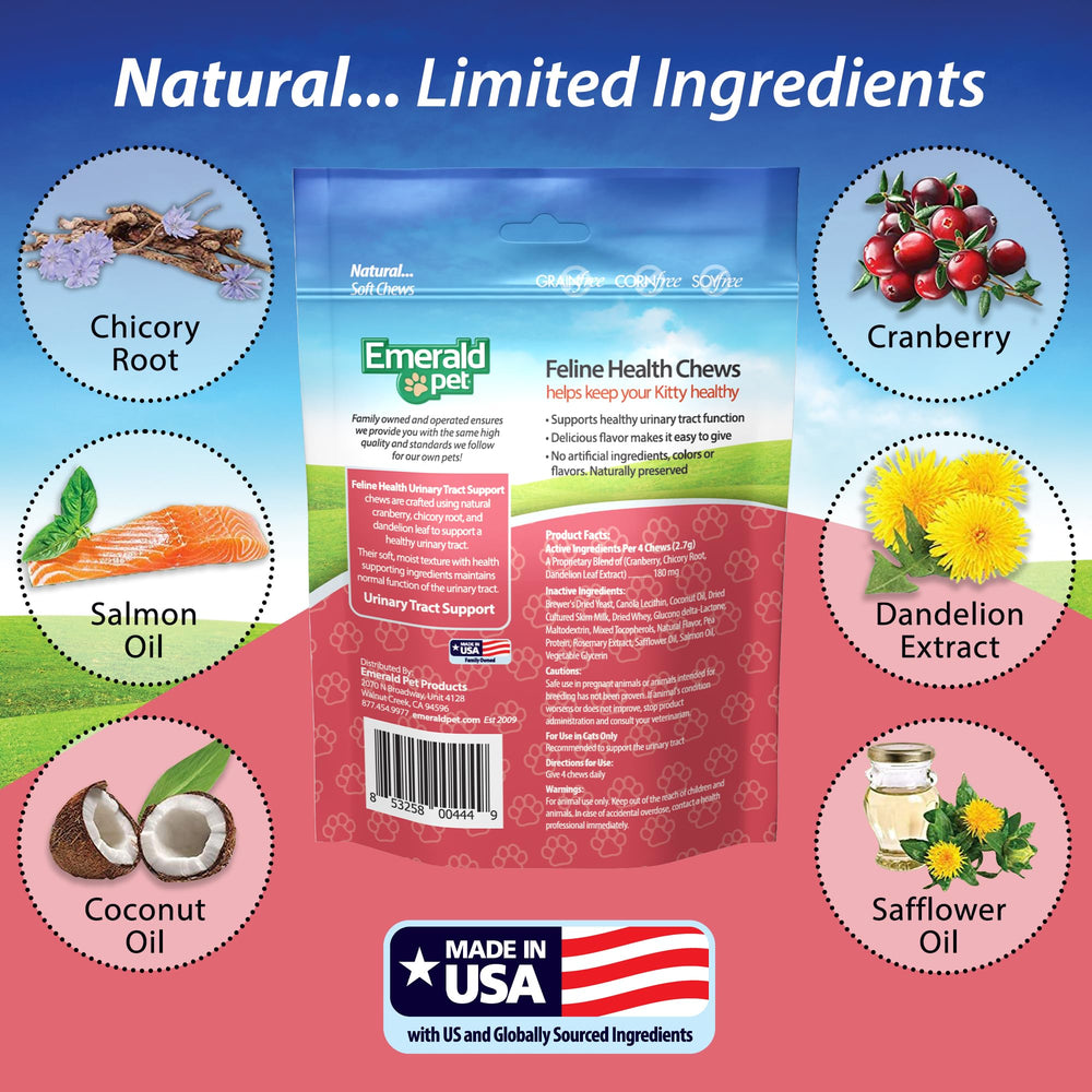 Emerald Pet Feline Health Chews UT Support avec racine de chicorée, prébiotique naturel pour la digestion.