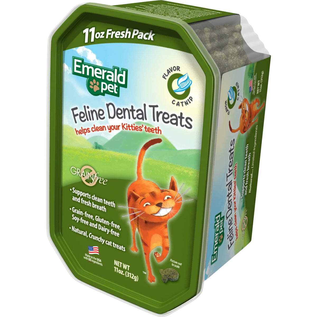 Emerald Pet friandises dentaires sans céréales pour chat, dégustation naturelle.