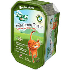 Emerald Pet friandises dentaires sans céréales pour chat, dégustation naturelle.