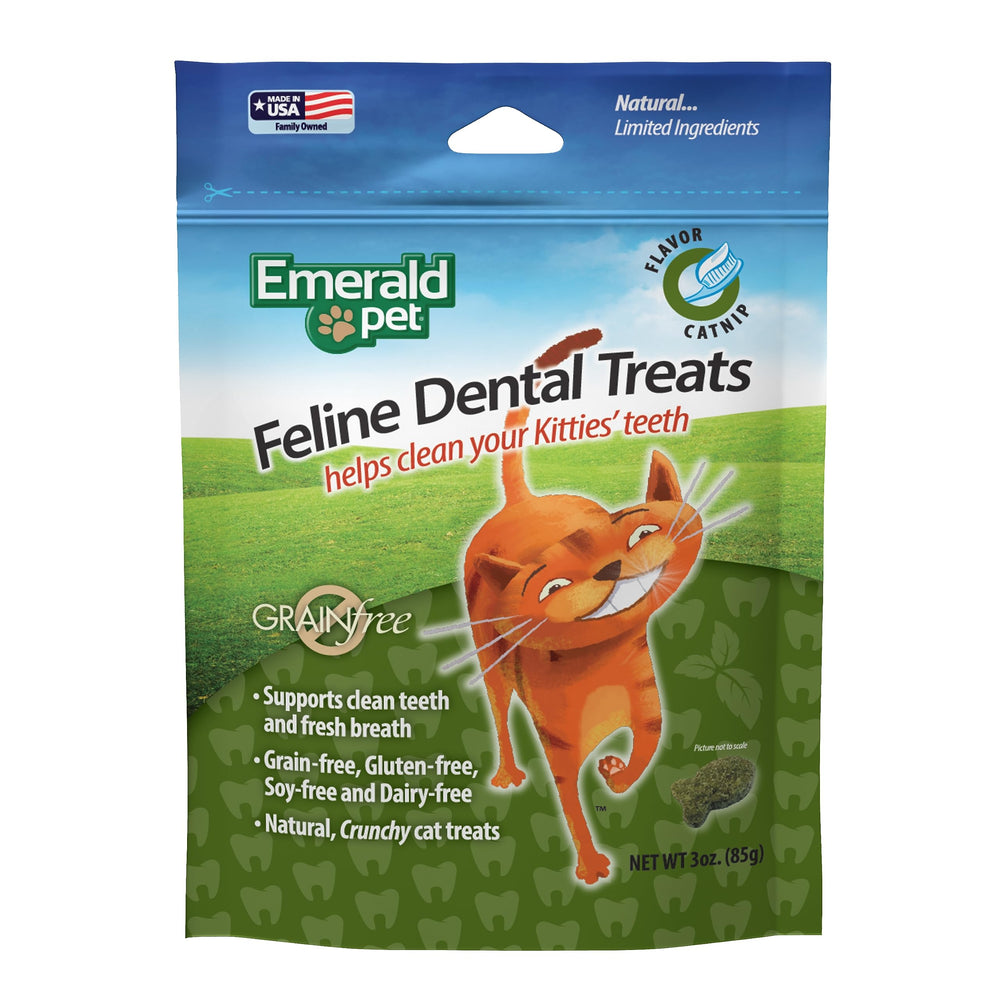 Emerald Pet friandises dentaires féline en emballage; présentation attrayante et éléments clés visibles.