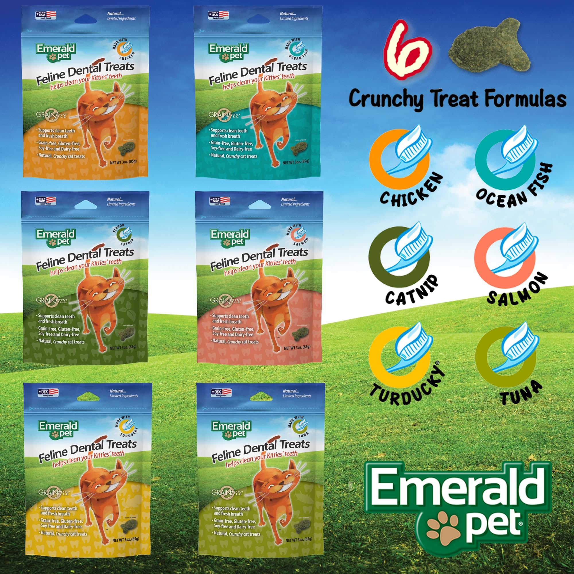 Fabrication américaine des friandises dentaires Emerald Pet avec des ingrédients de qualité.