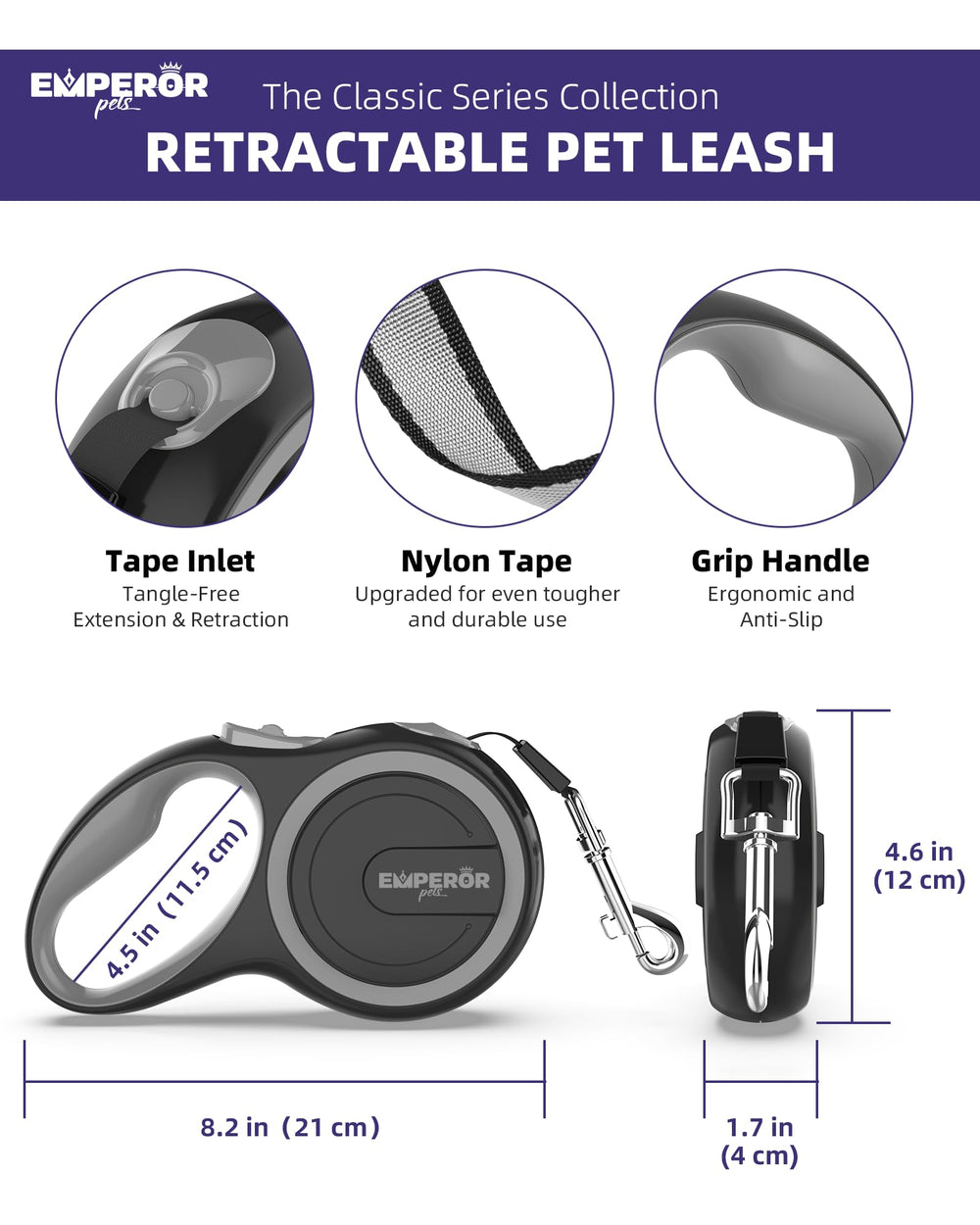 Laisse rétractable Emperor Pets banded réfléchissante pour promenade nocturne sécurisée.
