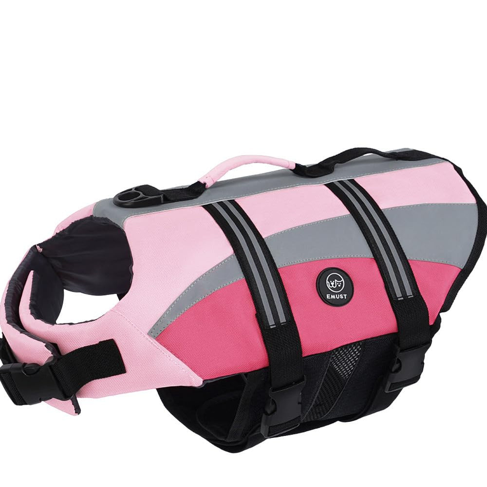 EMUST gilet de sauvetage chien rose neon vue avant, visibilite accrue.