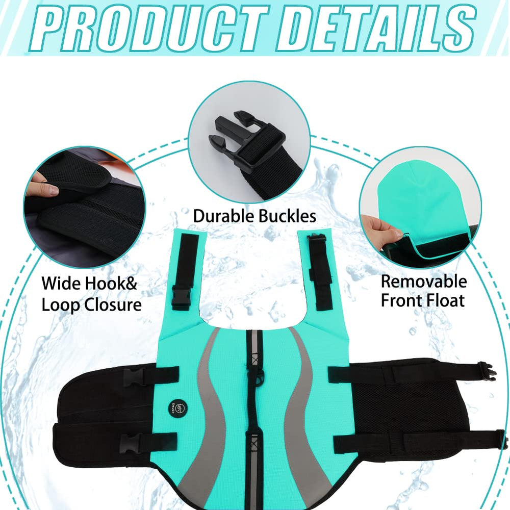 Détails du flotteur amovible EMUST pour chien turquoise et confort du cou.