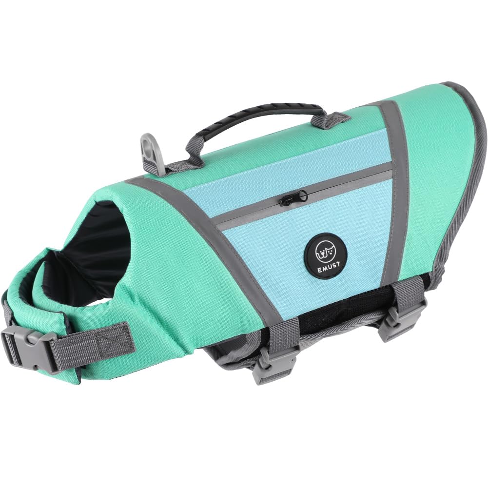 EMUST gilet sauvetage chien turquoise vue d'ensemble et haute visibilité