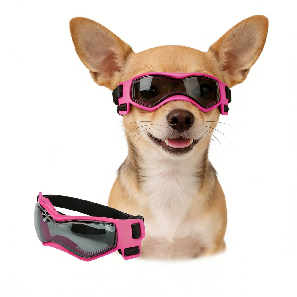 Lunettes Enjoying pour petit chien rose avec cadre TPU, confort et protection visuelle.