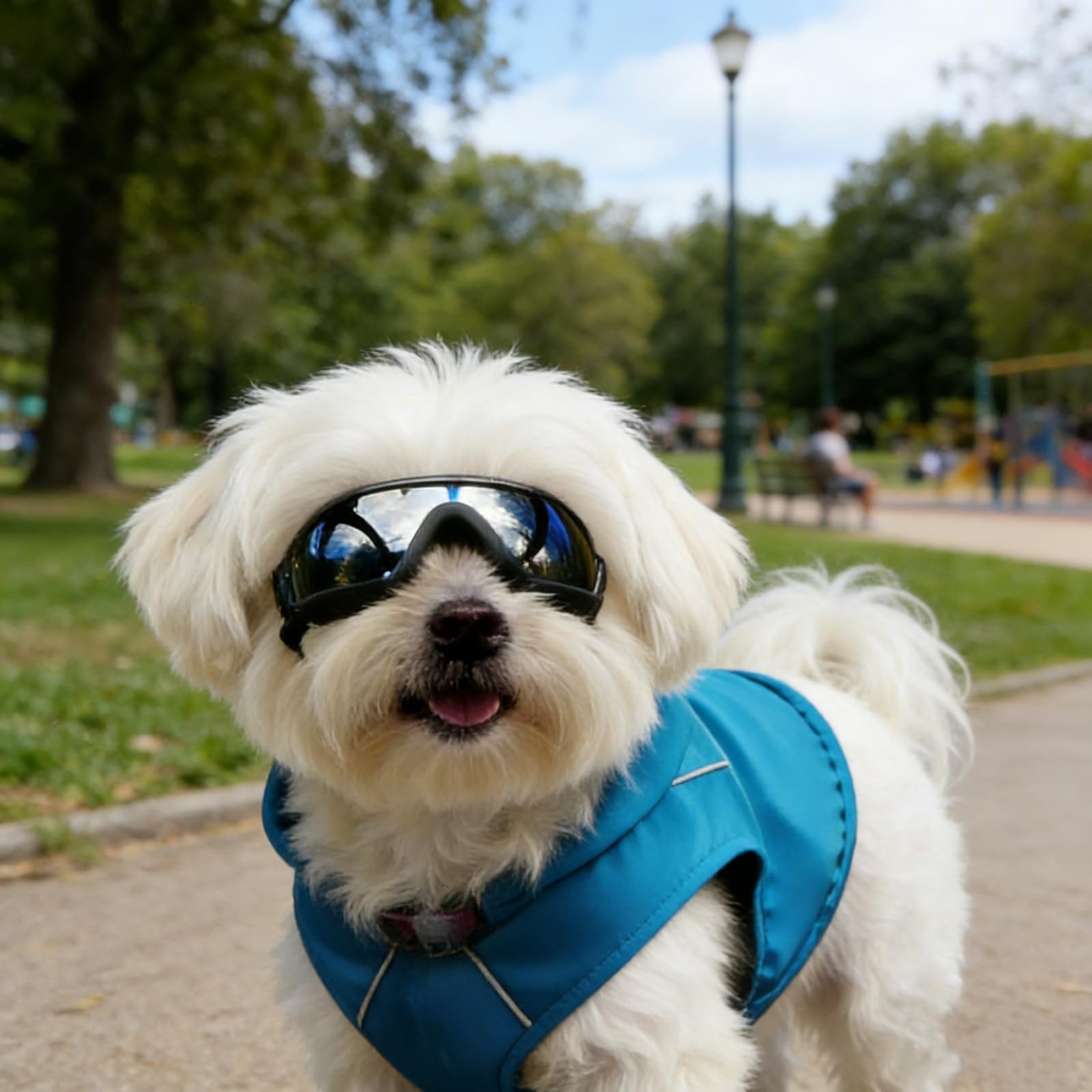 Enjoying lunettes chien protection poussière lors d'expéditions en plein air.