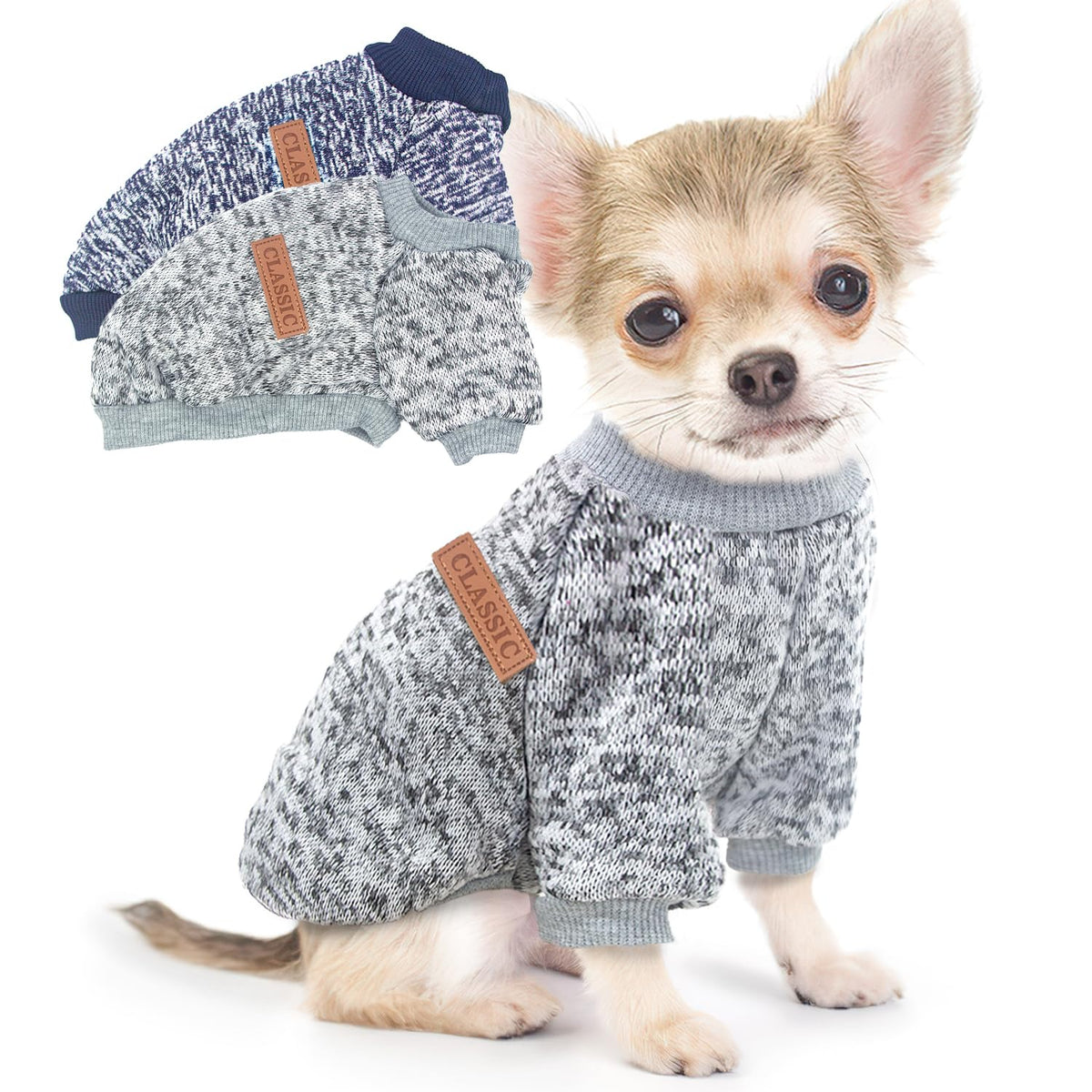 Ensemble de deux pulls pour petit chien gris et navy, confort.