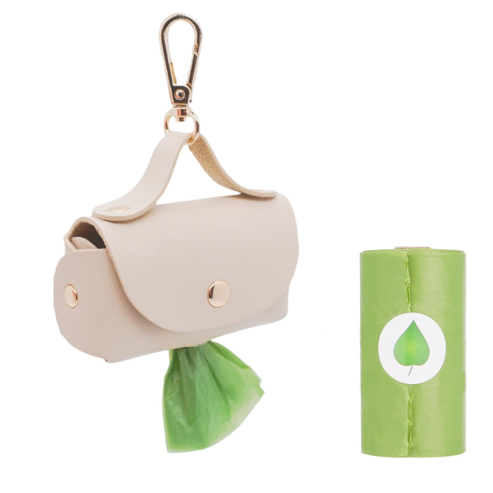 ENWIQUE Étui-sac-poubelle chien-laisse en cuir beige, pratique et élégant.
