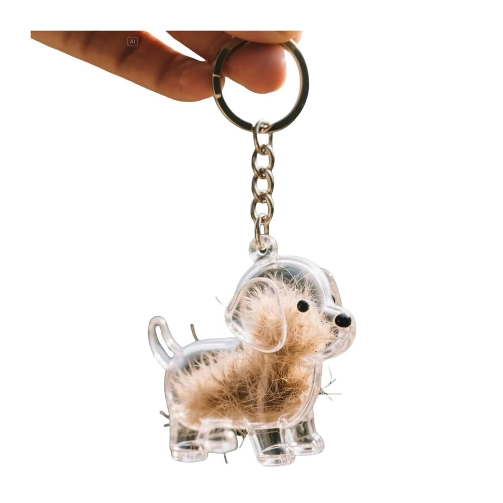 Porte-clés EPMANN avec poil de chien transparent et souvenir discret.