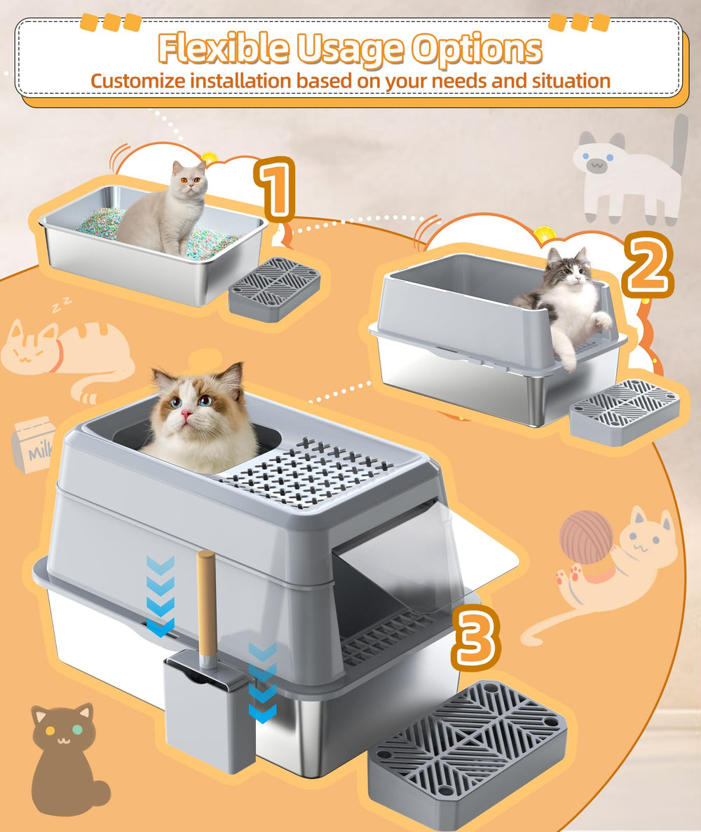 Ouverture supérieure et entrée frontale pour chats variés.