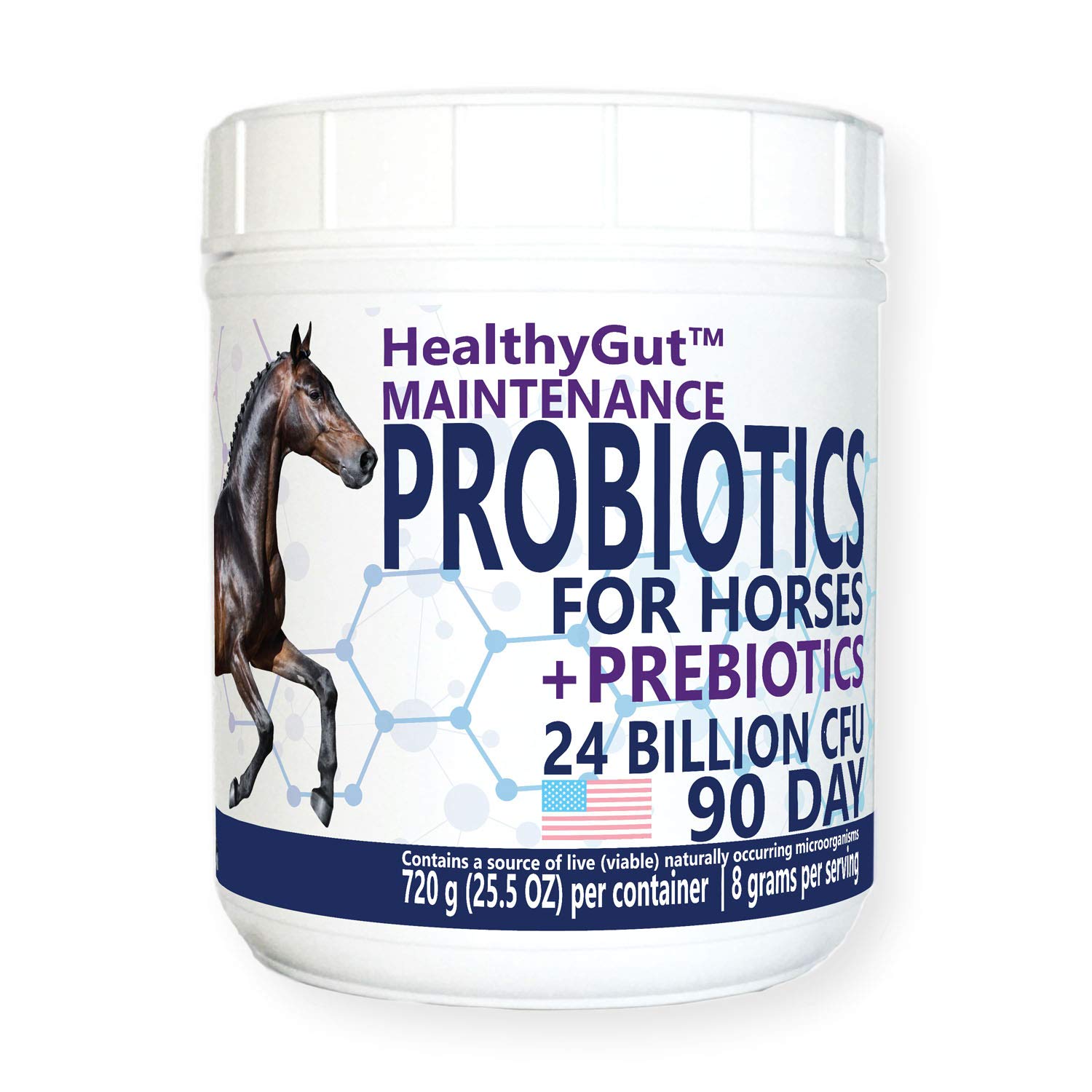 Équa Holistics HealthyGut: bouteille montrant le produit pour chevaux, favorise digestion normale.