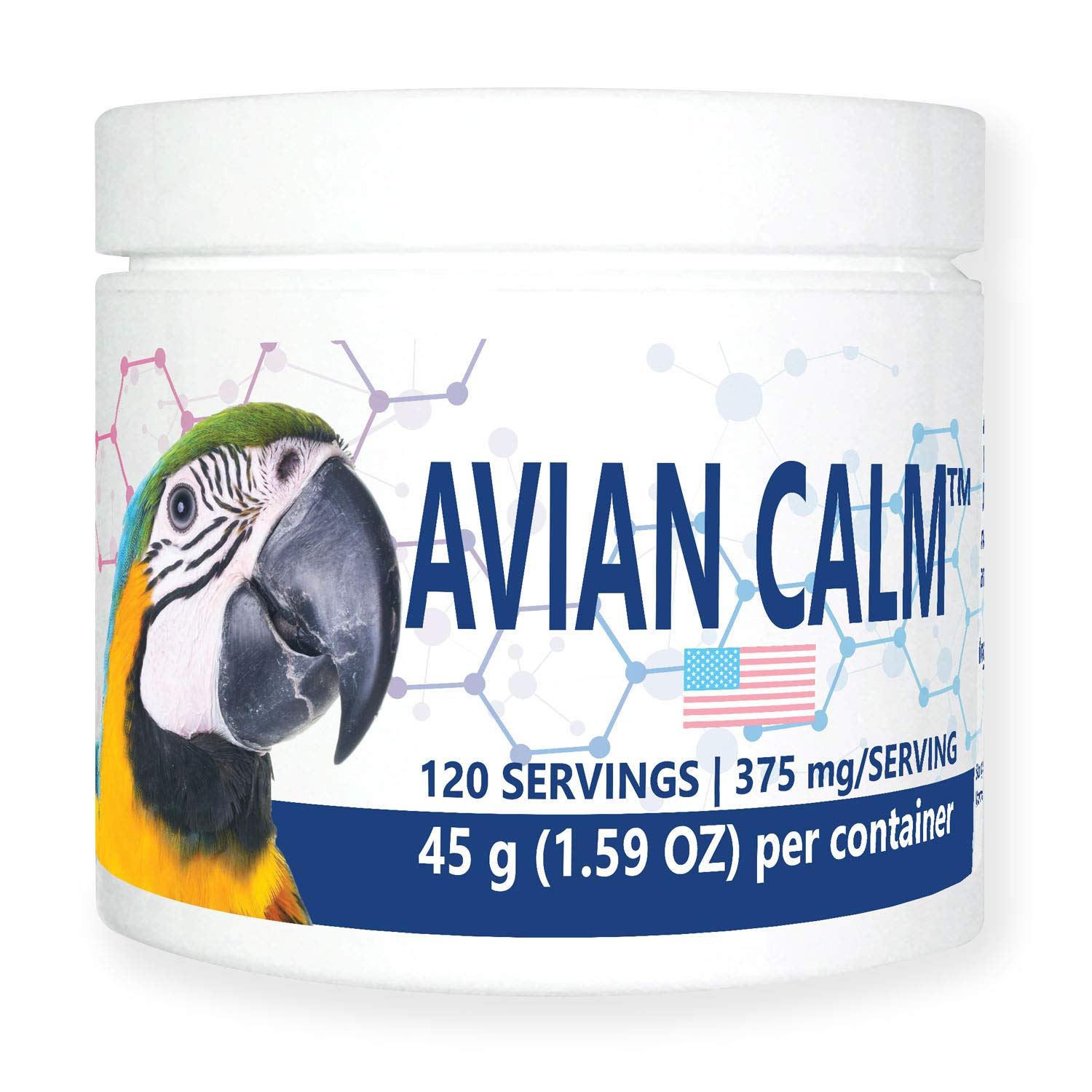 Bouteille Equa Holistics Avian Calm avec dosage facile pour perroquets.