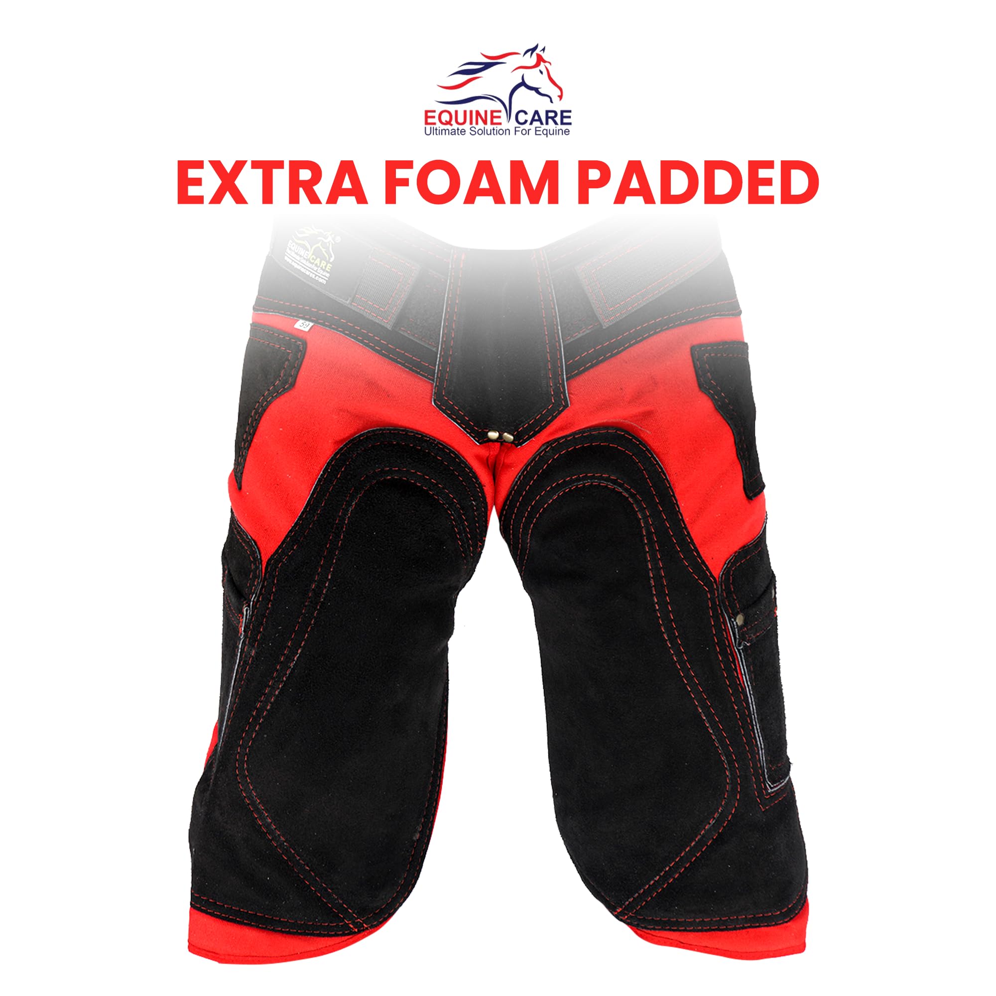 Equine Care Chaps design rouge et noir: style professionnel et fiable.