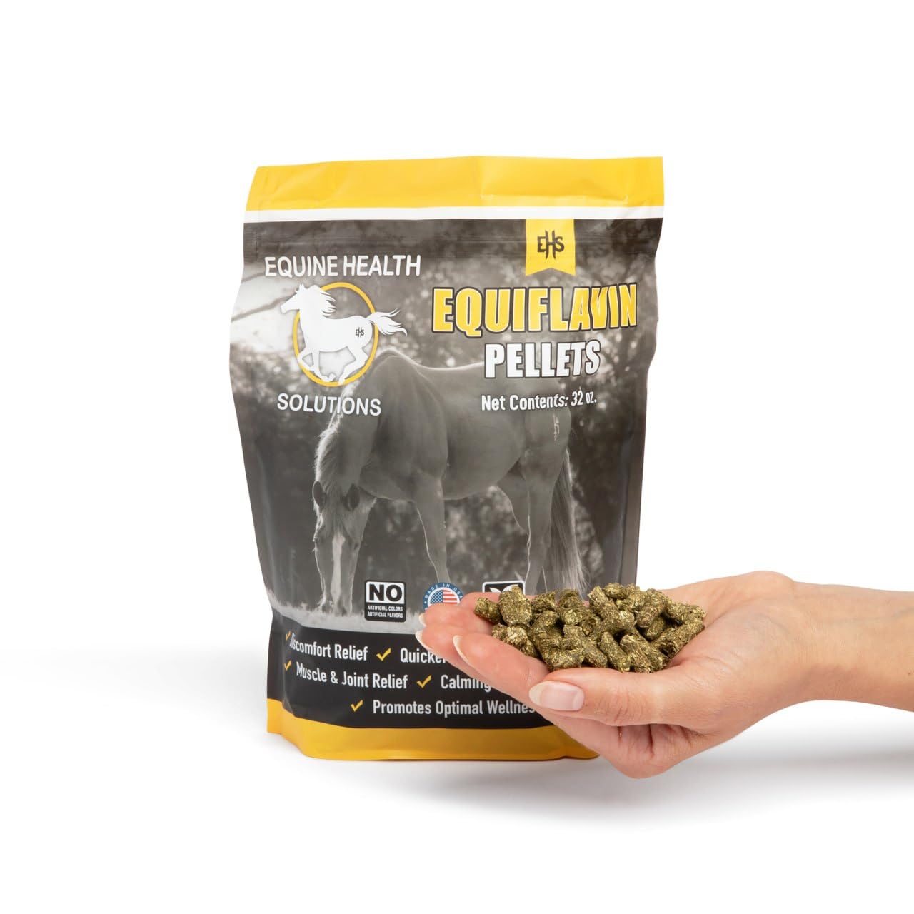 Equine Health Solutions Equiflavin granulés, dose par cuillère, utile pour nervosité et raideur.