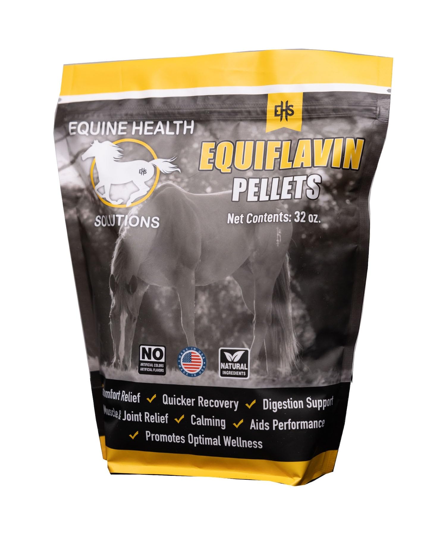 Equine Health Solutions Equiflavin granulés, emballage visible, soutien potentiel au confort du cheval.