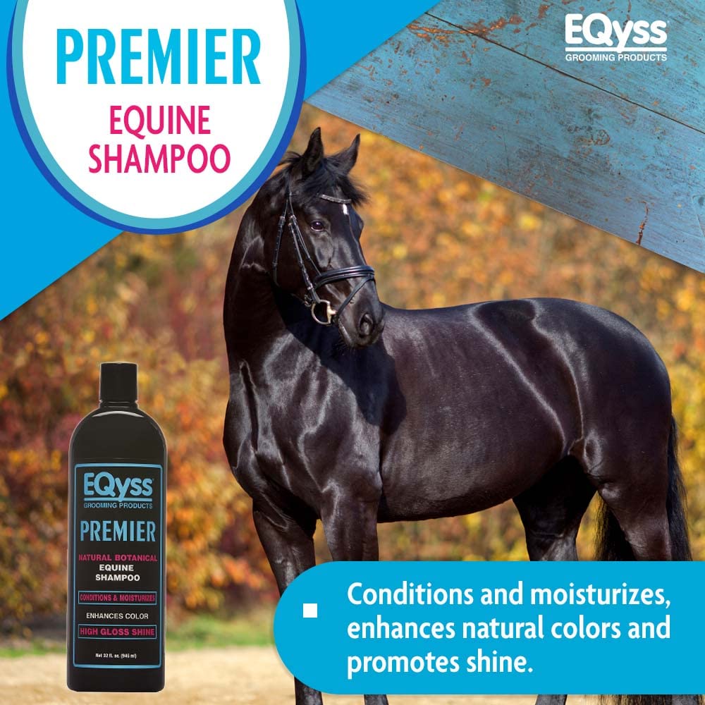 Eqyss Premier Shampoing équin – pelage brillant et couleurs plus intenses après rinçage.