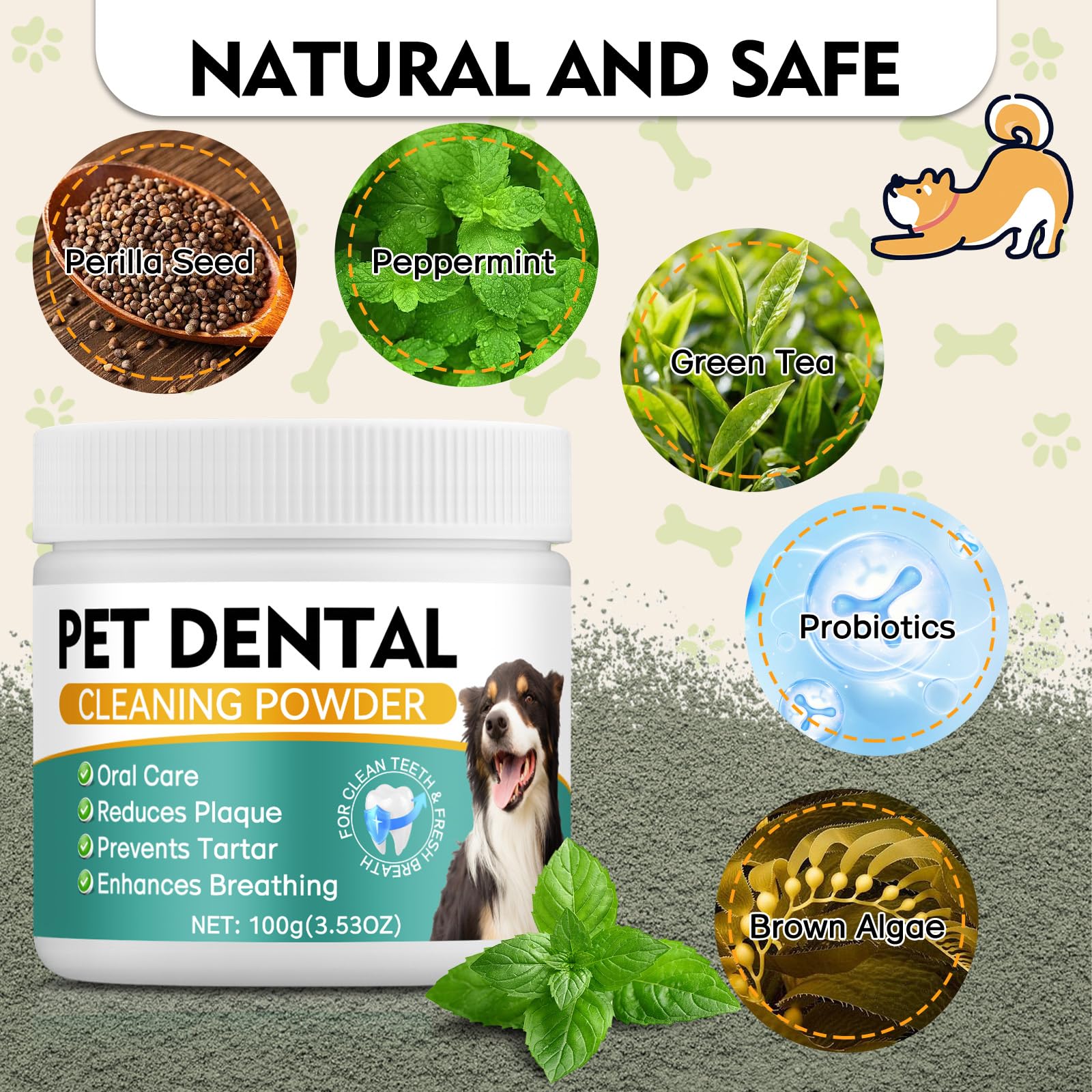 Chiens et chats utilisant Erigathe Poudre Dentaire pour l'hygiène buccale.