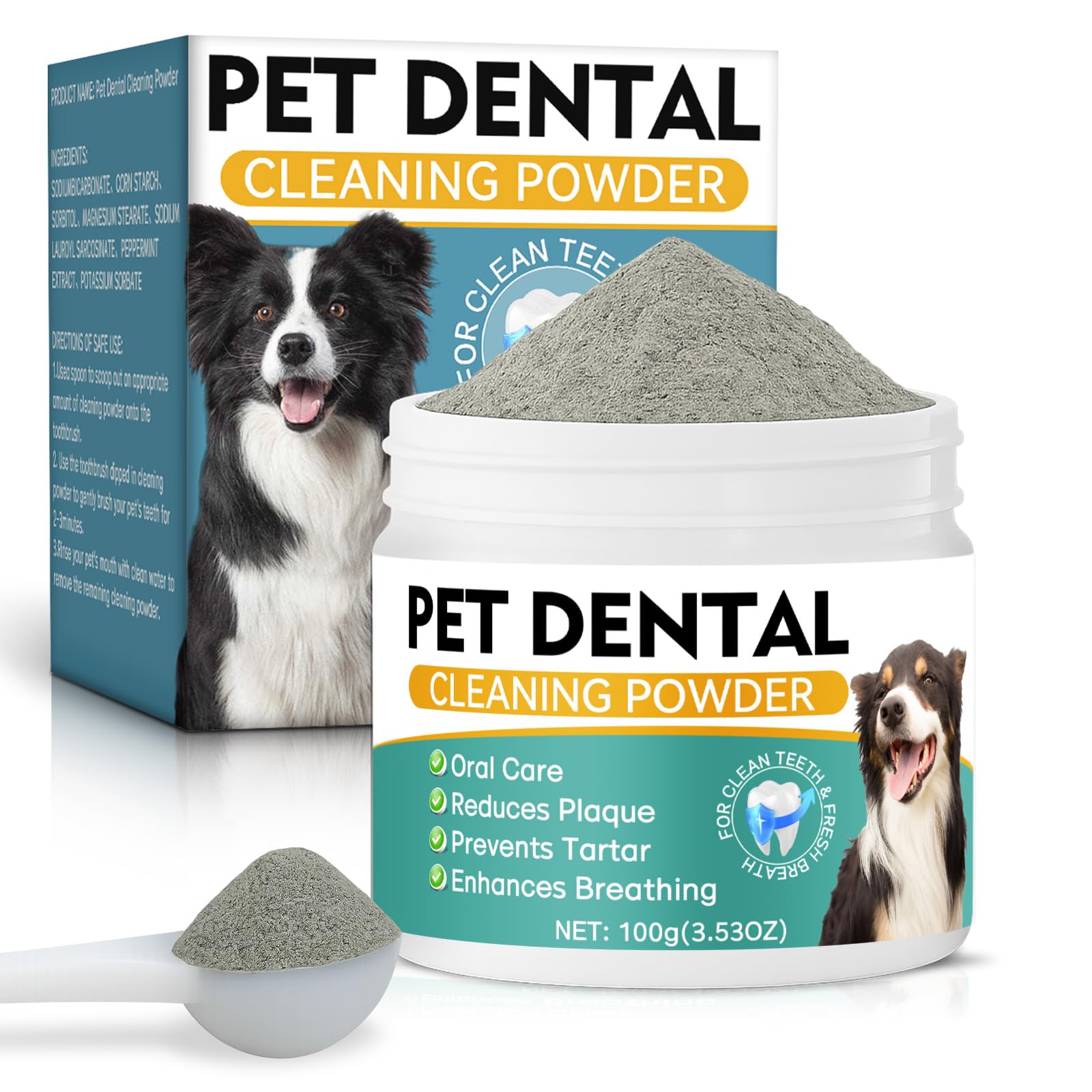 Erigathe Poudre Dentaire dans le flacon, pratique pour l'hygiène buccale des chiens.