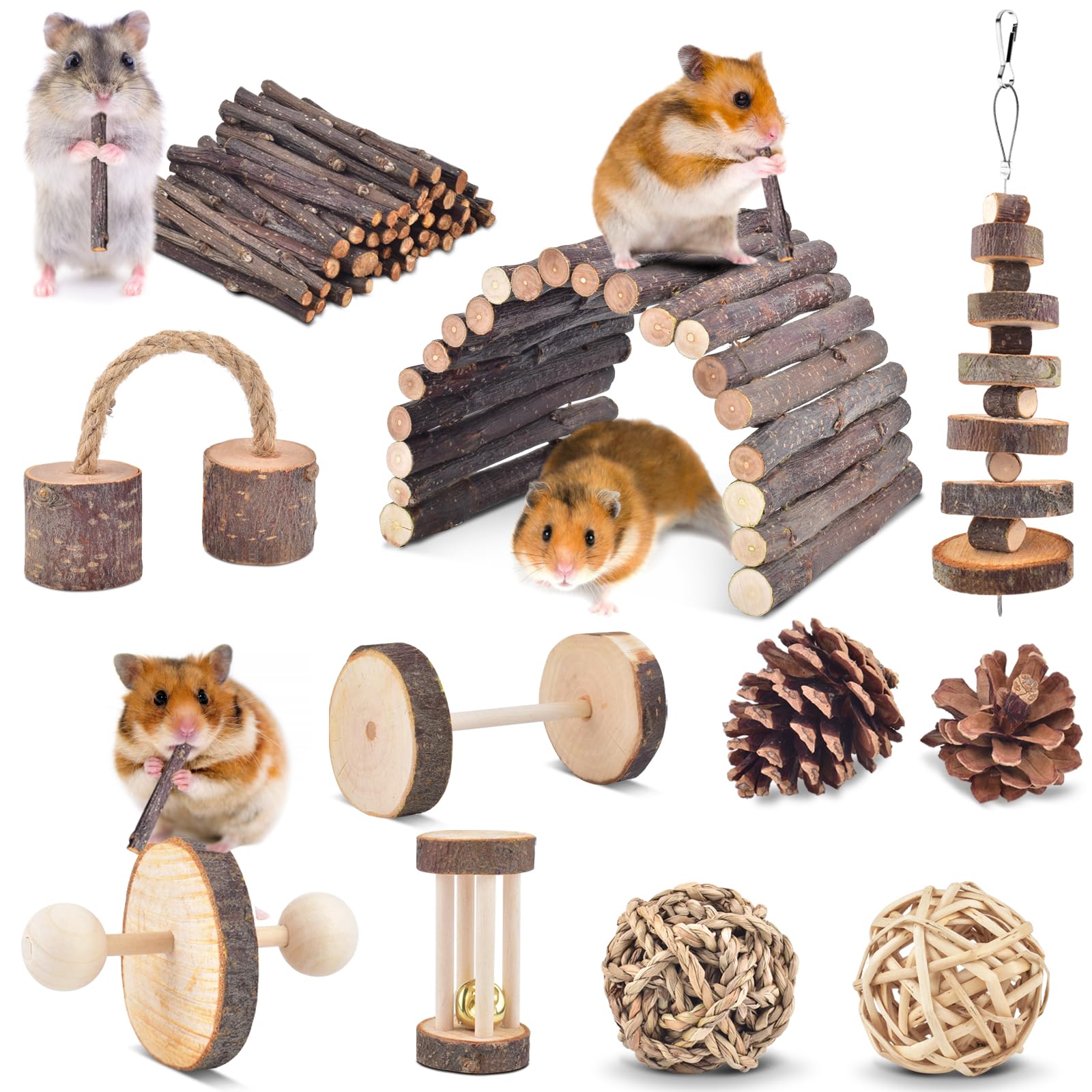 ERKOON ensemble 11 jouets grignotage en bois de pomme pour rongeurs – stimulation et amusement possibles.