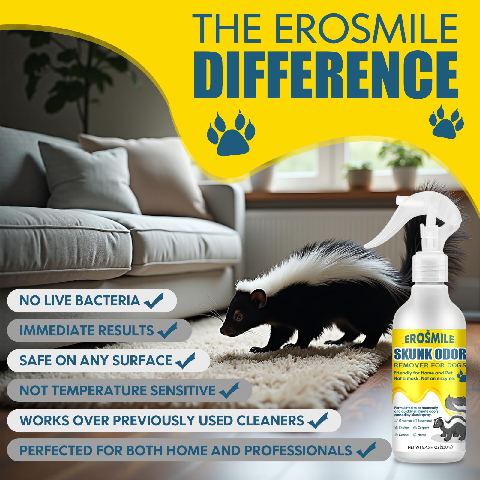EROSMILE – solution spray pour véhicule et intérieur, améliore l’atmosphère après incident skunk.
