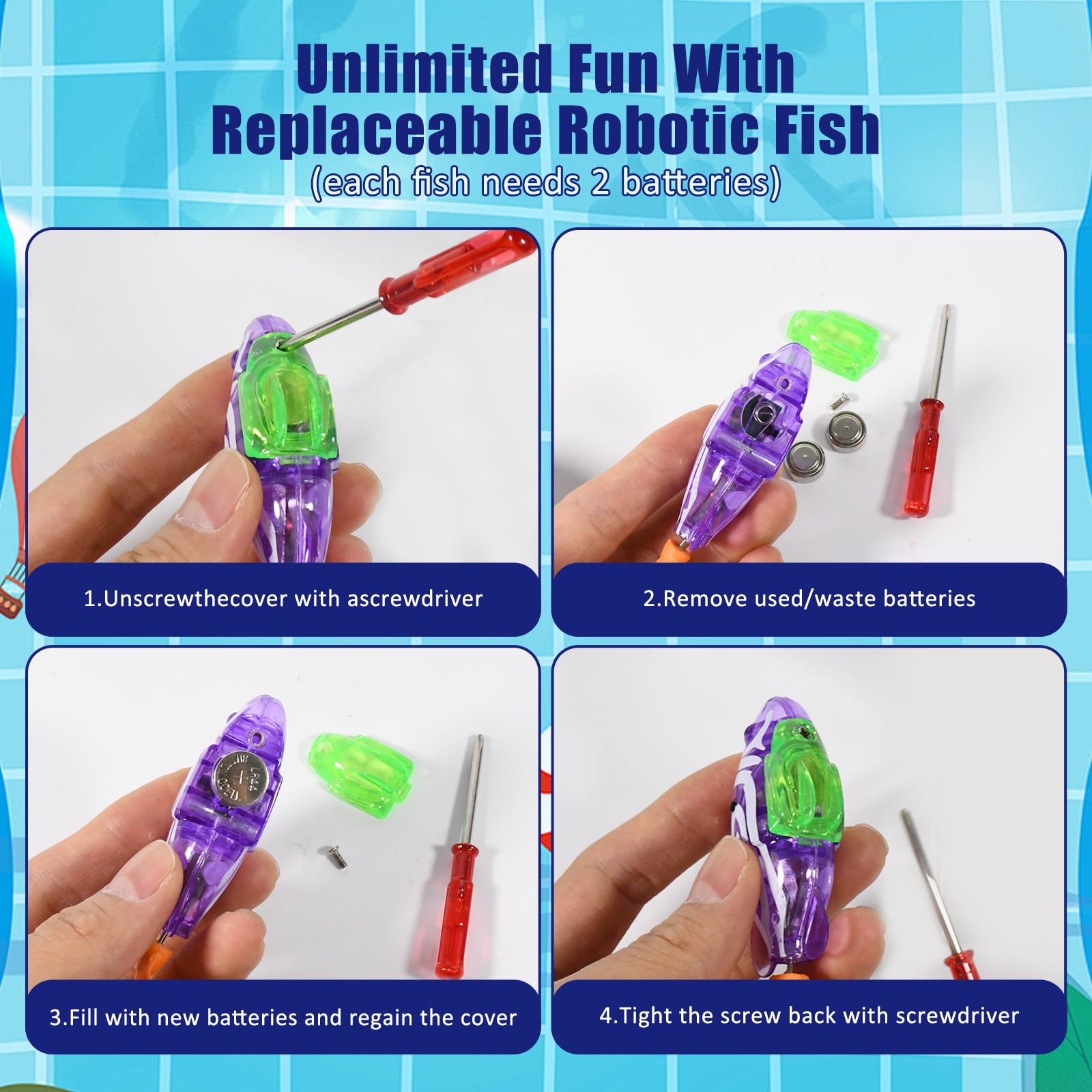 Esoes inclus: trois poissons LED, piscine de 12 pouces et piles.