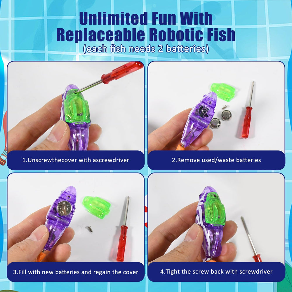 Esoes inclus: trois poissons LED, piscine de 12 pouces et piles.