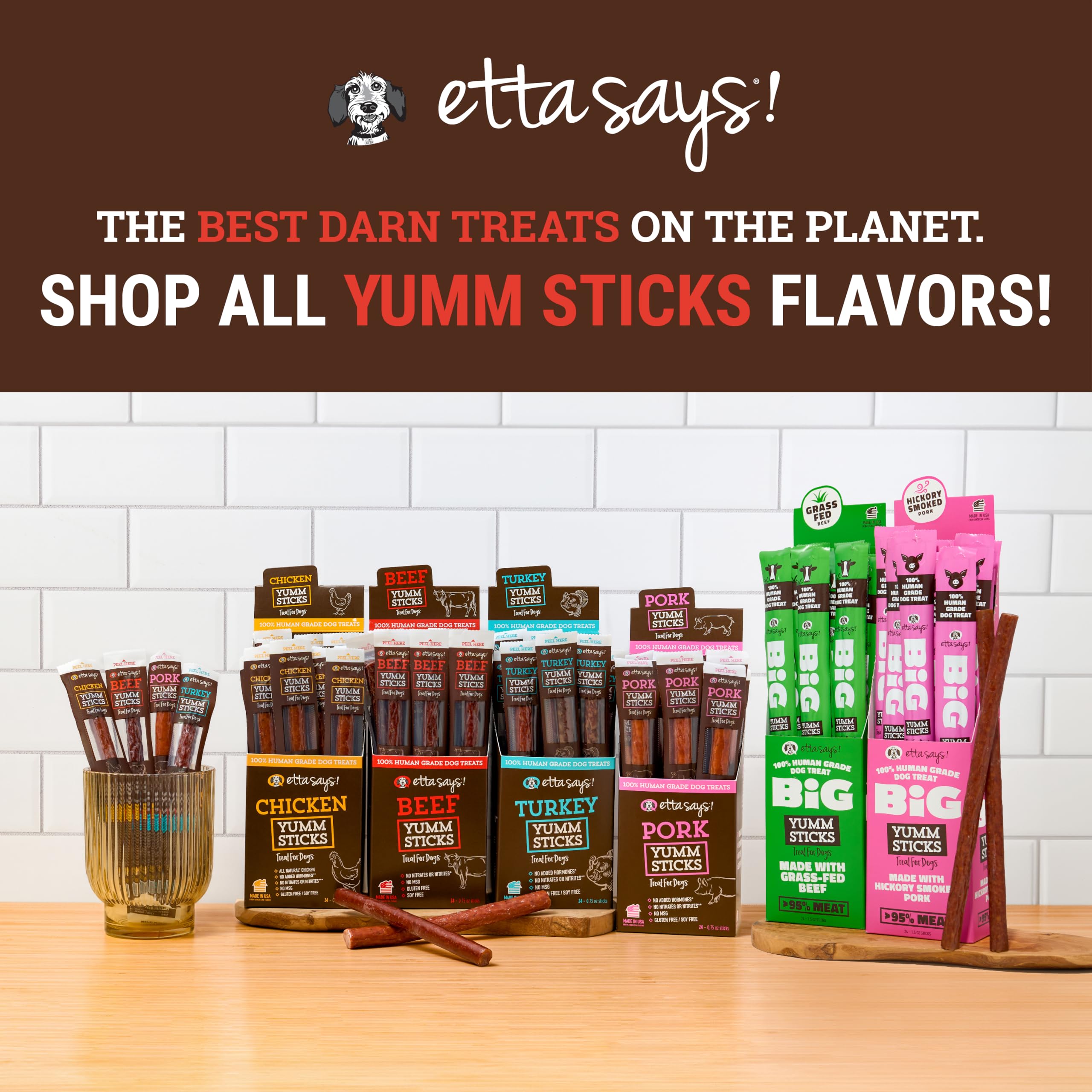 etta says! Yumm Sticks pour chiens actifs, récompense nutritive en promenade.
