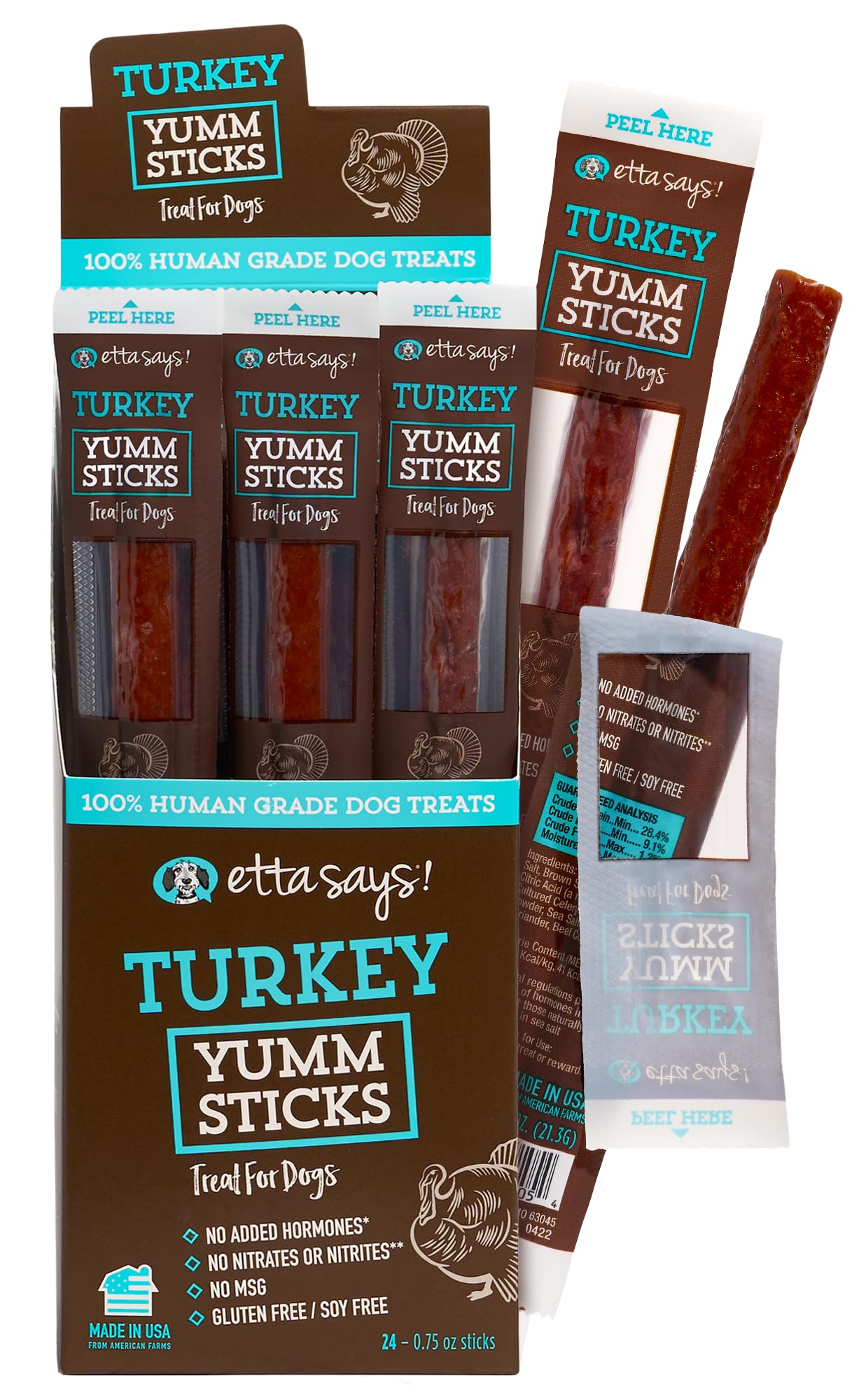 etta says! Yumm Sticks dinde: sachet emballé individuellement pour une fraîcheur durable.