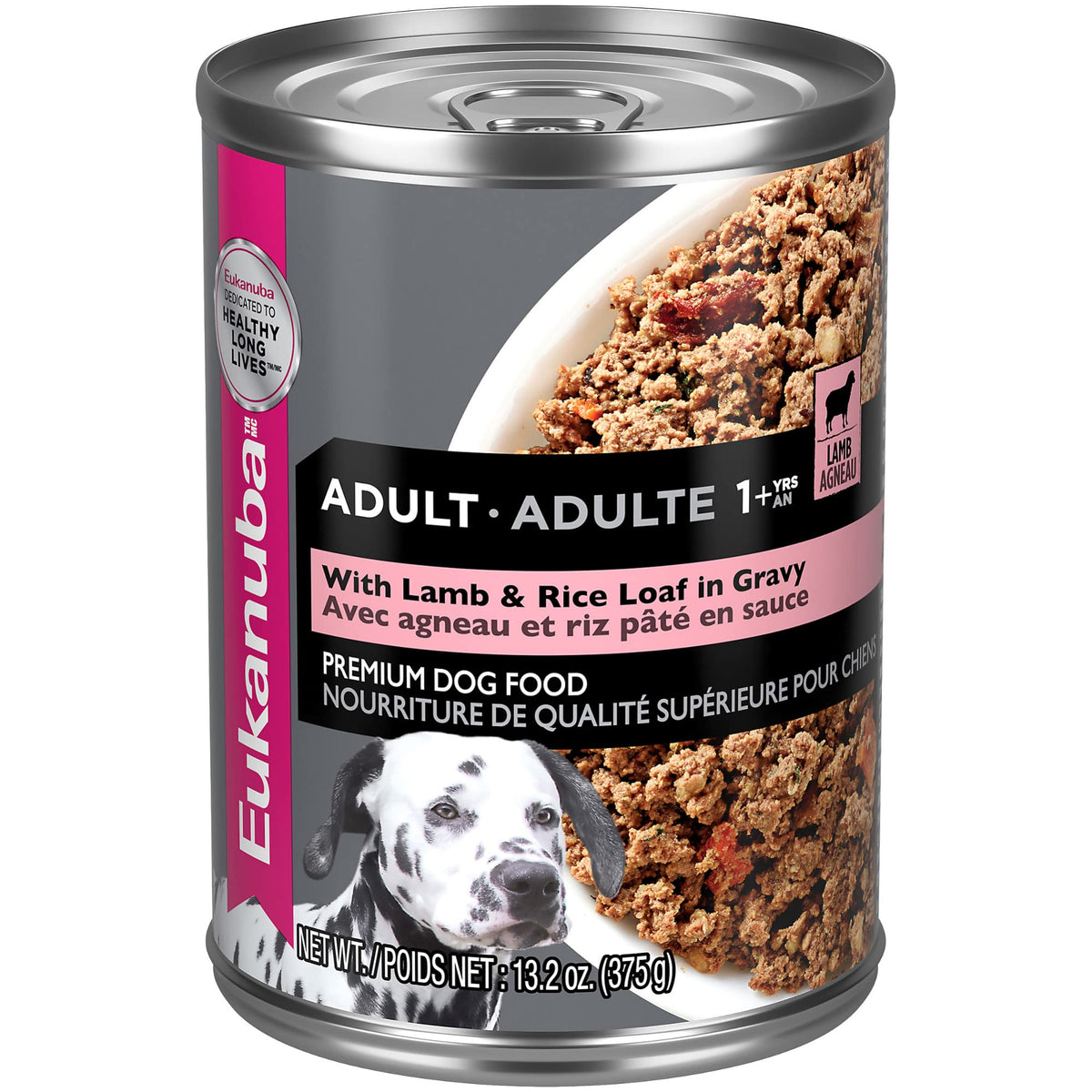Boîte Eukanuba Adulte Agneau et Riz, conserve pour soutenir les muscles et l’énergie.