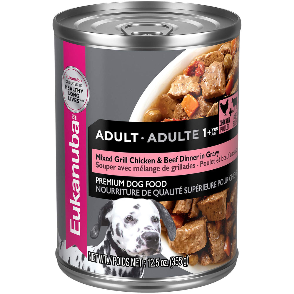 Nourriture humide Eukanuba Adulte Mix Grill Poulet et Boeuf en sauce pour chiens actifs.