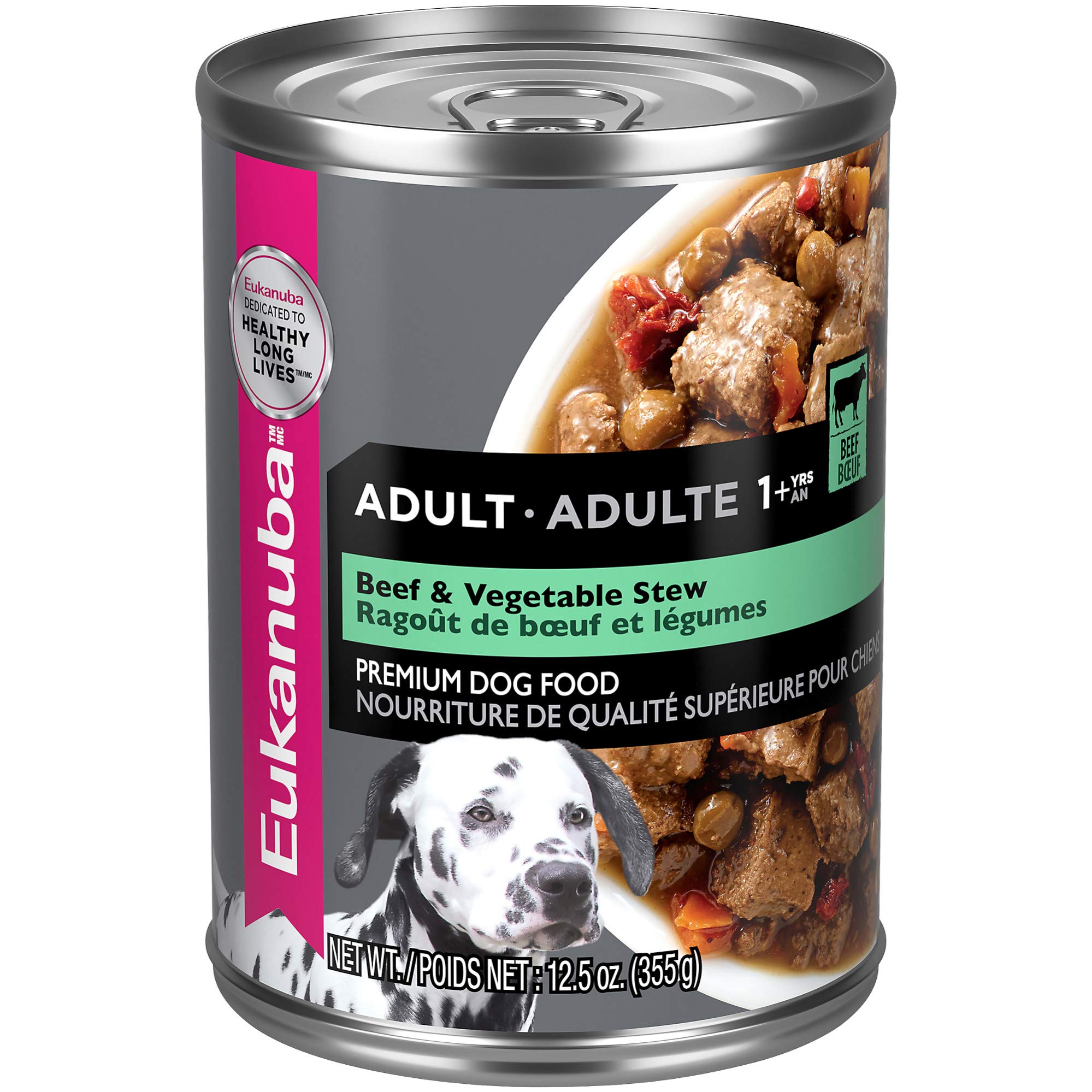 Boîte humide Eukanuba ragout boeuf et légumes prête à servir pour chien actif.
