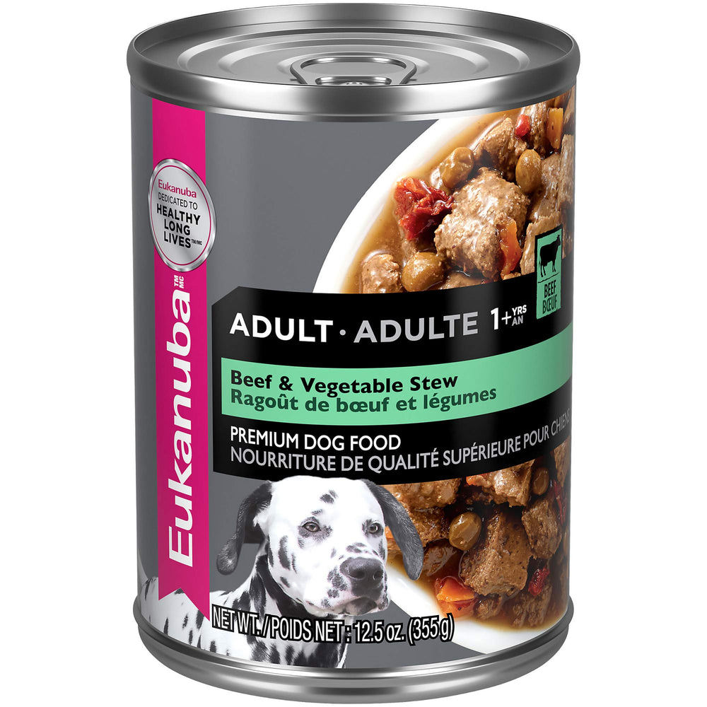 Boîte humide Eukanuba ragout boeuf et légumes prête à servir pour chien actif.