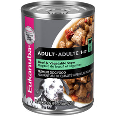 Boîte humide Eukanuba ragout boeuf et légumes prête à servir pour chien actif.