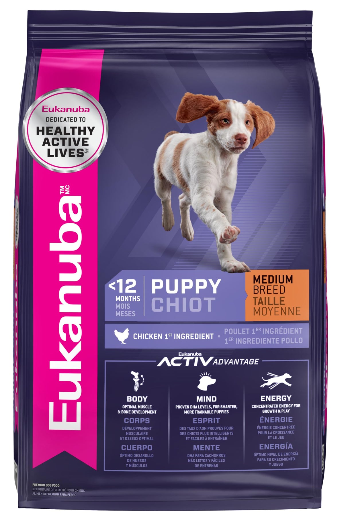 Eukanuba Puppy Medium Breed, nourriture sèche chiot: soutien croissance et énergie quotidienne.