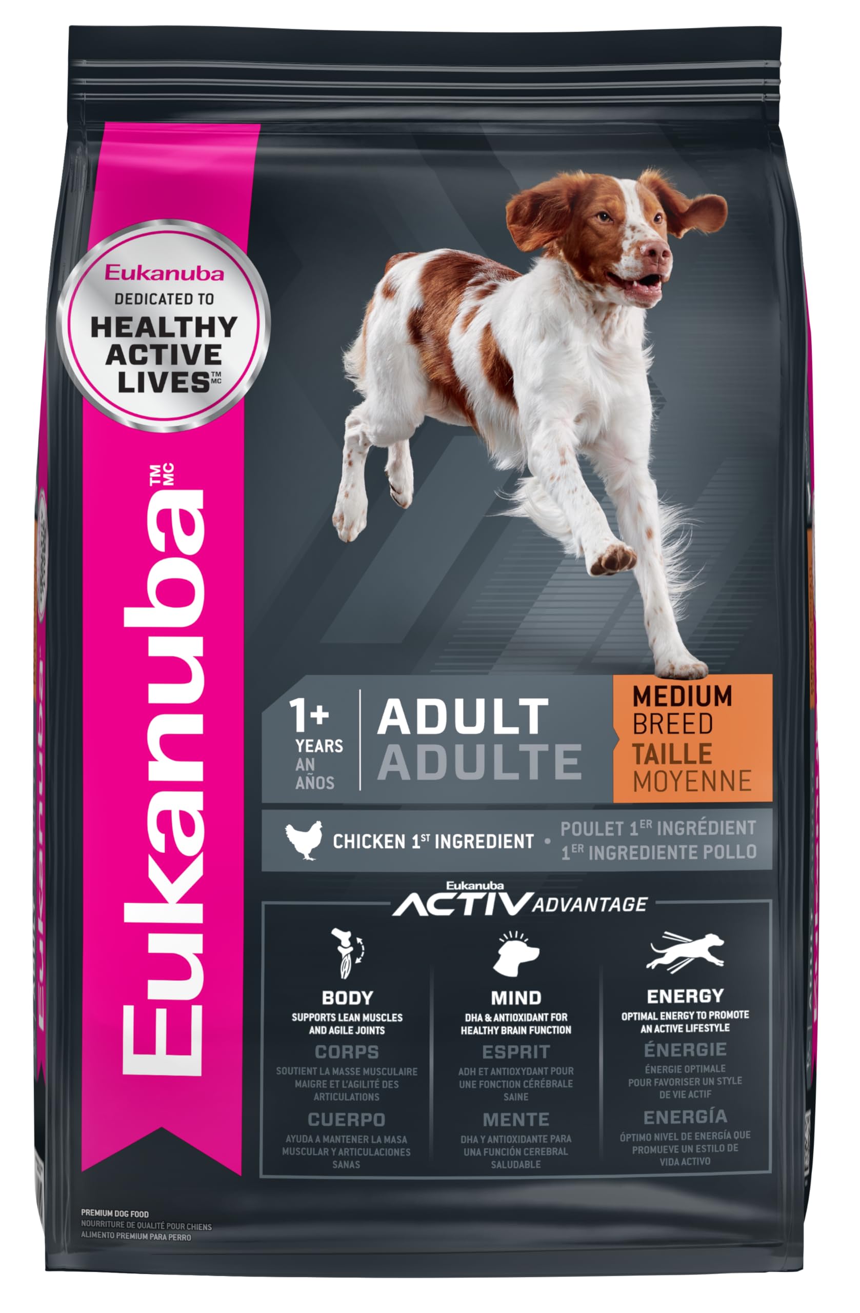 Sac Eukanuba croquettes adulte chien moyen, présentation frontale montrant nutrition complète.