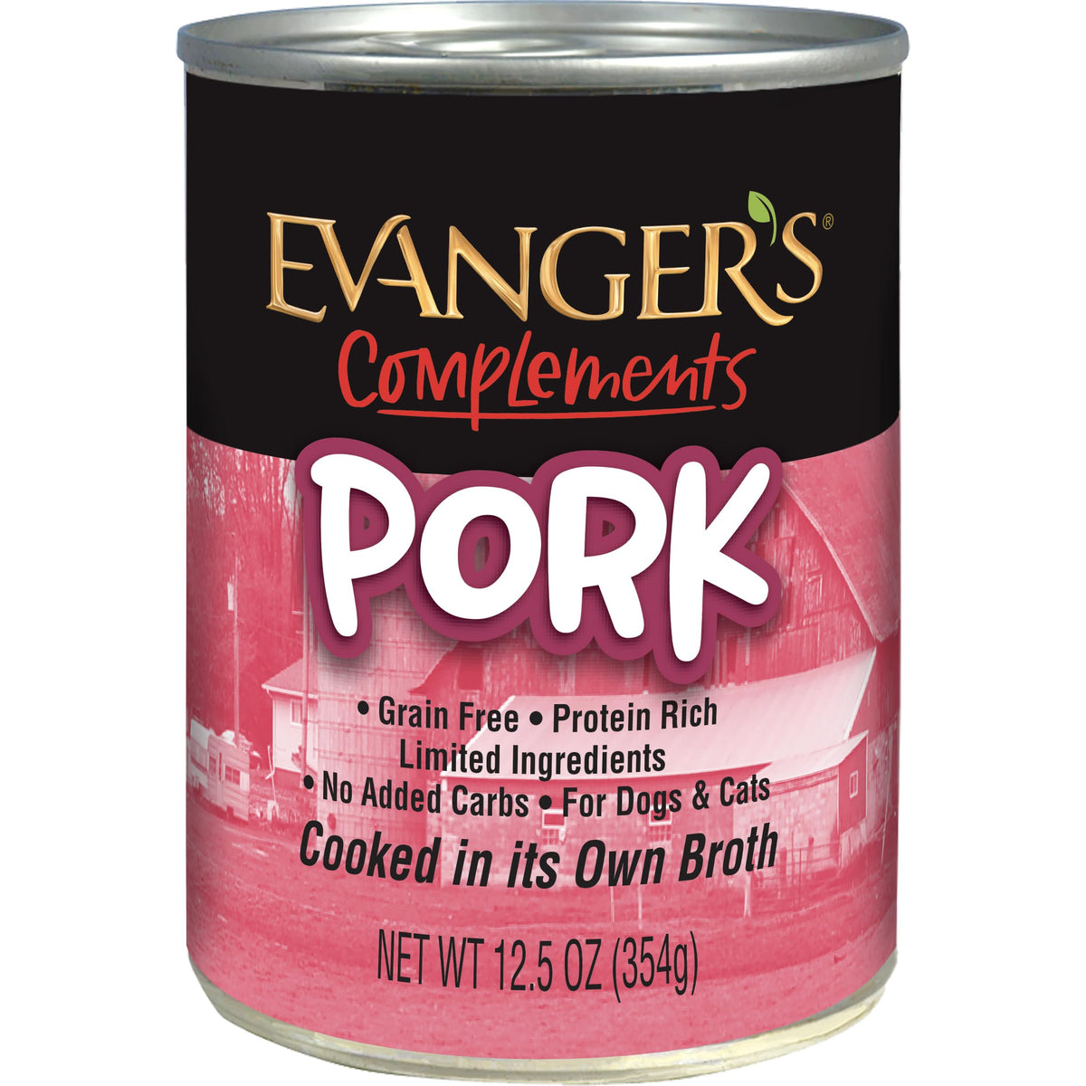 Étiquette Evanger's Complements Porc Sans Céréales, nutrition simple pour chiens et chats