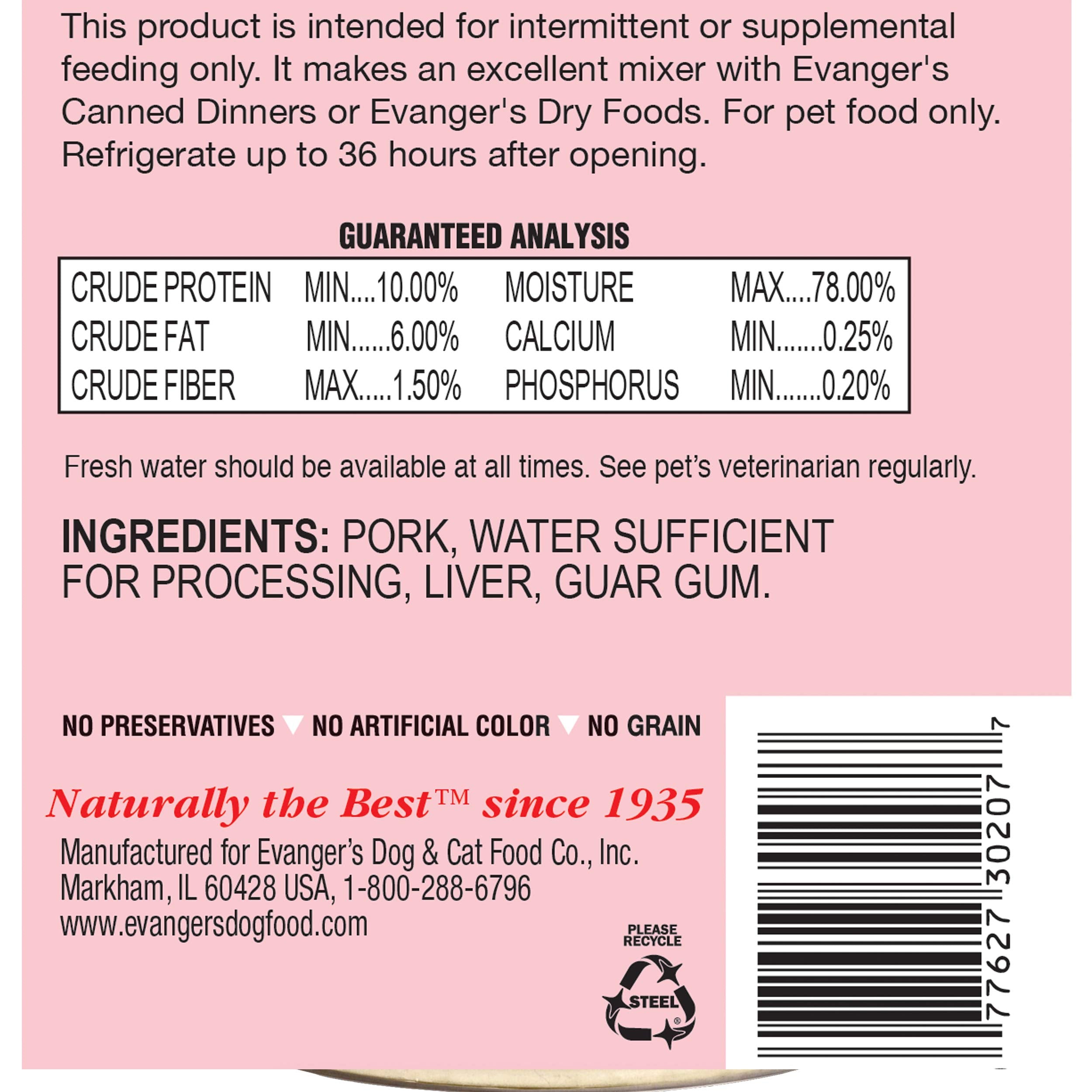 Ingrédients sans gluten et sans céréales Evanger's Complements Porc