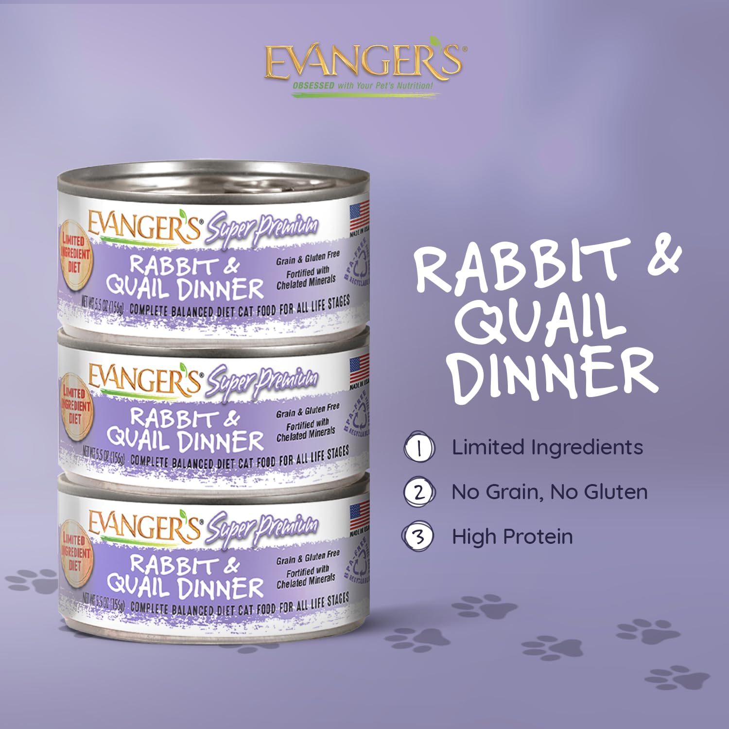 Texte image montrant la boîte Evanger's lapin et caille, texture humide et appétence.