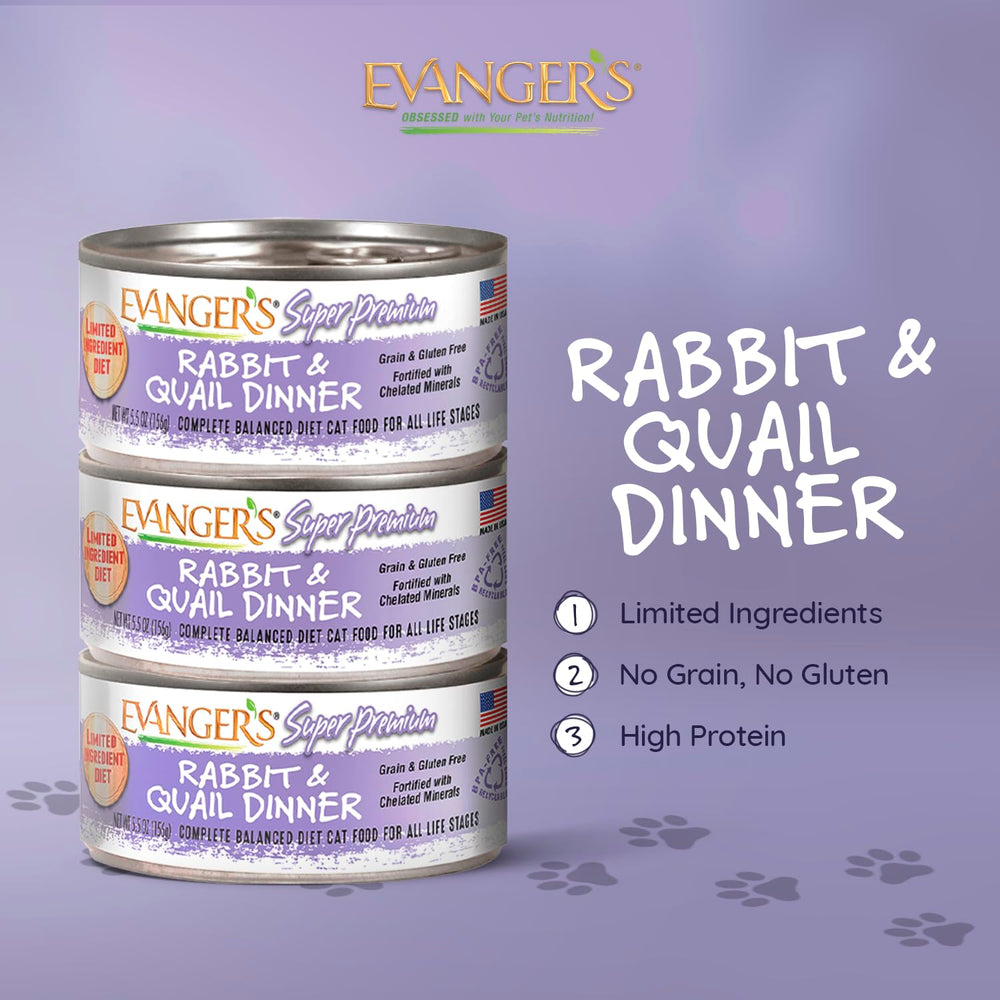 Texte image montrant la boîte Evanger's lapin et caille, texture humide et appétence.
