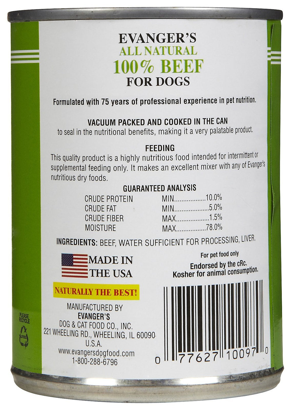 Evanger's Heritage Classic boeuf en conserve — ingrédients locaux États-Unis pour une alimentation transparente.