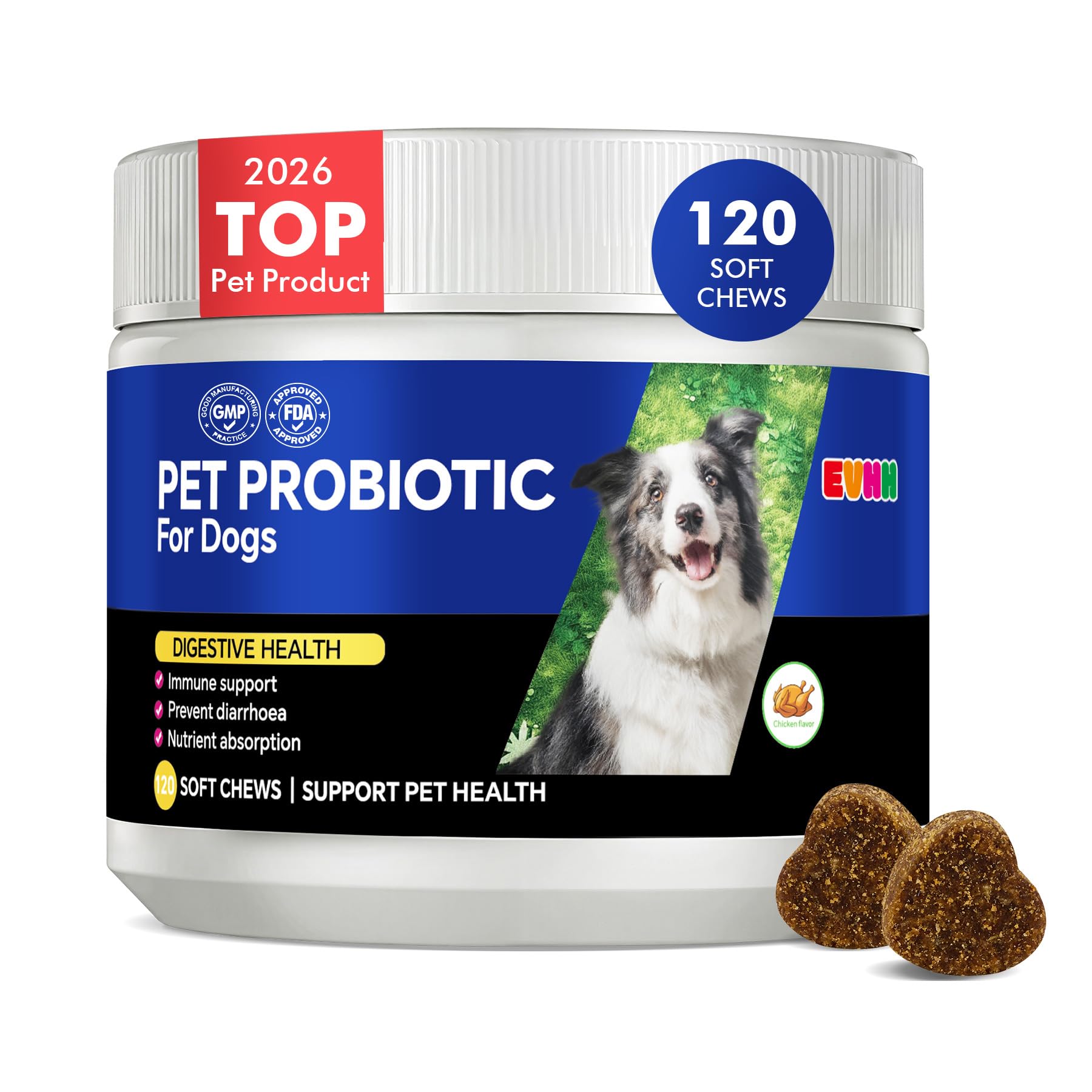 EVHH Probiotiques pour chiens – flacon et dosage, soutien digestif quotidien.