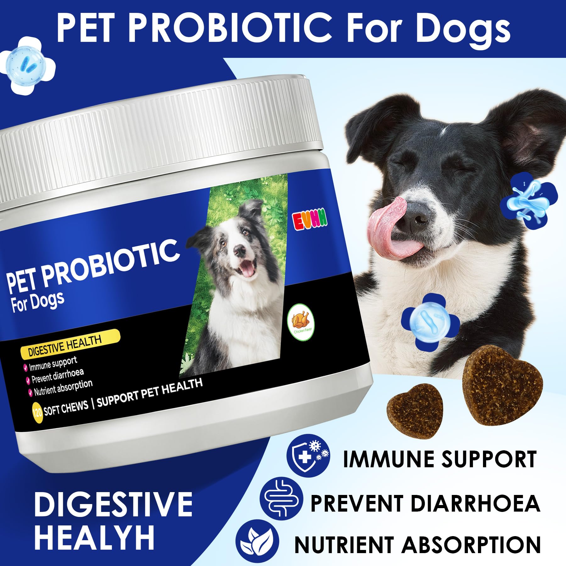 EVHH Probiotiques pour chiens – friandises goût poulet, soutien du plaisir alimentaire.