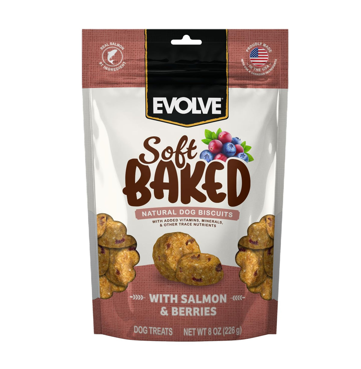 Biscuit Evolve pour chien saumon et baies, plan rapproché, texture moelleuse idéale